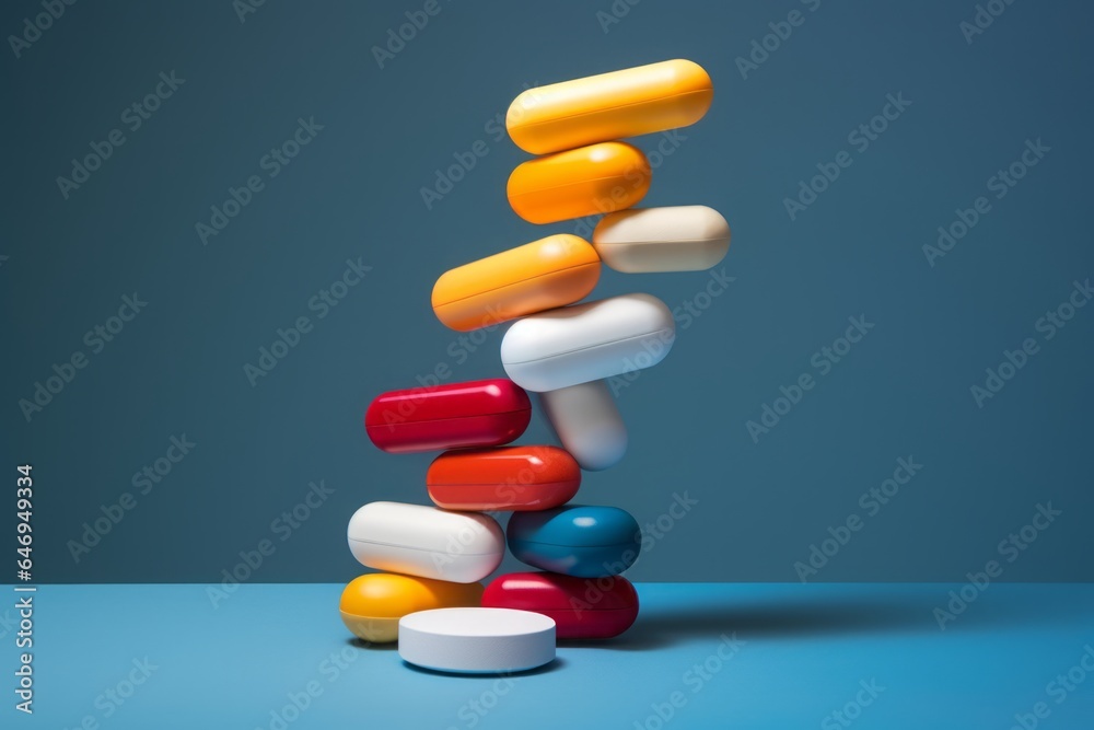Stack of Pills Arranged on a Blue Background, Representing Medication, Pharmaceuticals, and Healthcare in the Field of Medical Treatment and Pharmaceutical Industry Stack of Pills Arranged on a Blue Background, Representing Medication, Pharmaceuticals, and Healthcare in the Field of Medical Treatment and Pharmaceutical Industry