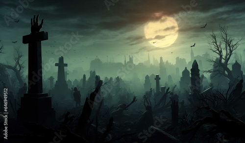 Dark cemetery in nightmare, AI generative , fear, foggy