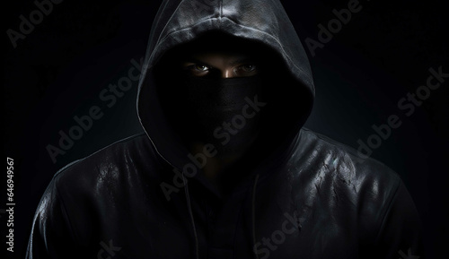 Hooded person on black background, AI generative, mystery, man