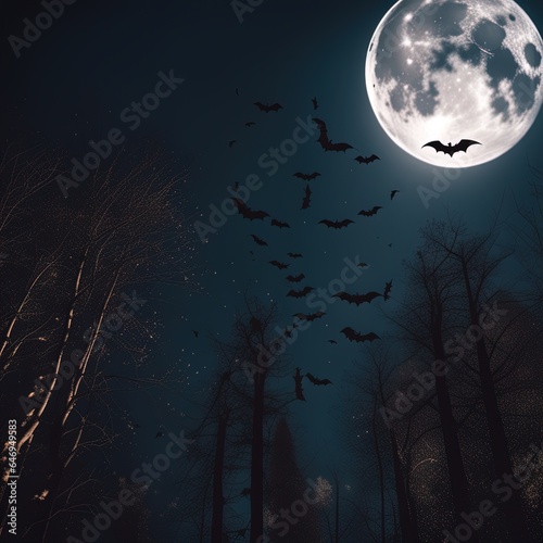 halloween background with full moon and bats.