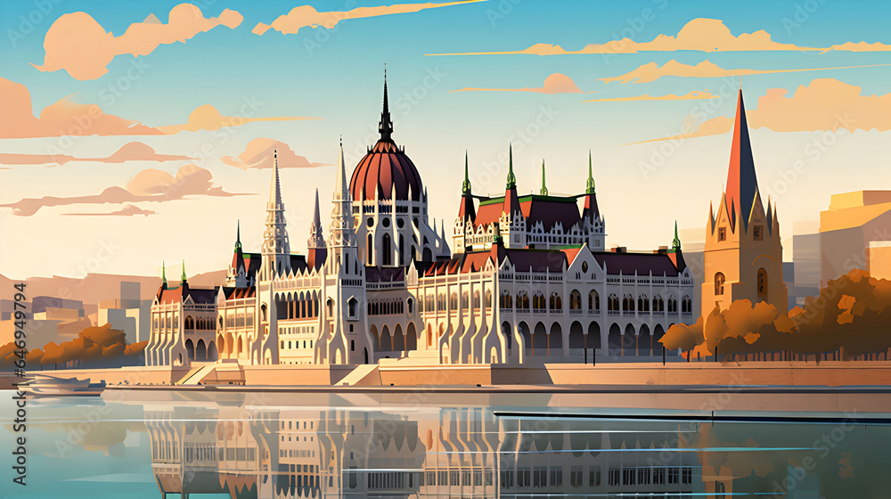 Fototapeta premium Parliament building in Budapest. City illustration in typographic and cartoon style.