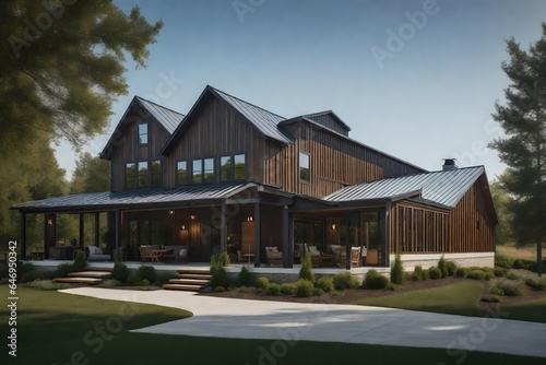 Modern farmhouse with a metal roof and a large front porch - AI Generative © Being Imaginative