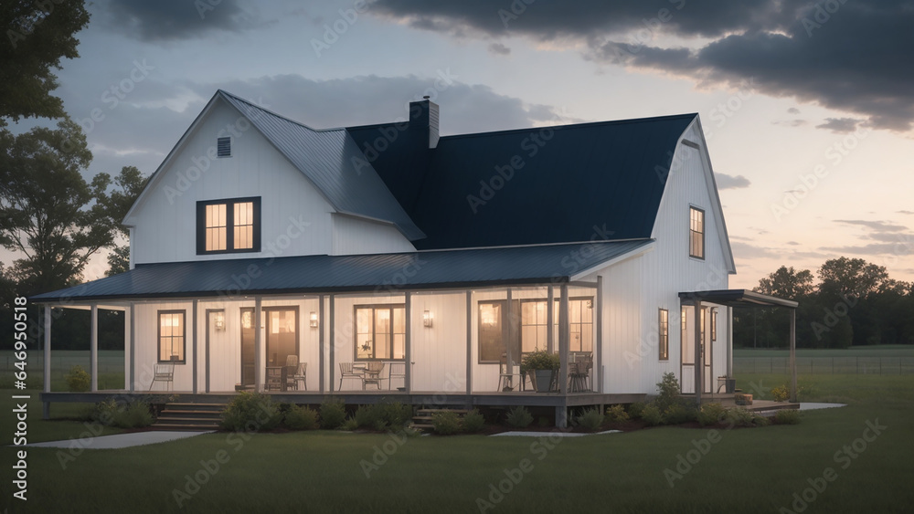 Modern farmhouse with a metal roof and a large front porch - AI Generative