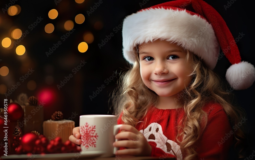Happy little girl wearing santa hat and red sweater enjoing holiday cookies and hot chocolate over blurred background with festive lights and garlands Happy little girl wearing santa hat and red sweater enjoing holiday cookies and hot chocolate over blurred background with festive lights and garlands
