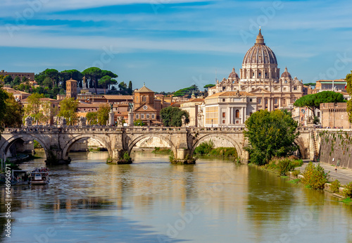 St Peter's basilica in Vatican and St. Angel's bridge in Rome, Italy