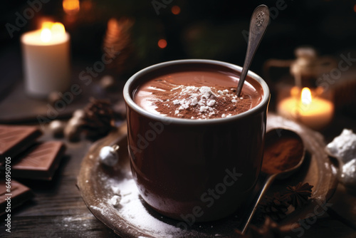 Cup of Christmas hot chocolate. Cozy seasonal holidays