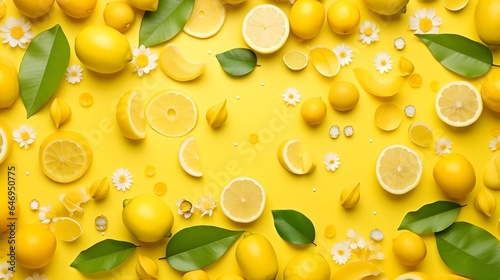 Yellow fruits and vegetables blossoms and yellow fruits and vegetables flat lay pattern background.