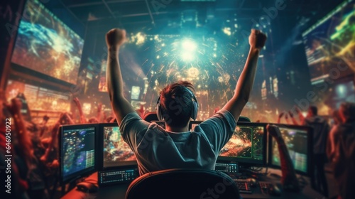 Professional eSports gamer rejoices celebration in the victory game room background. beautiful Generative AI AIG32