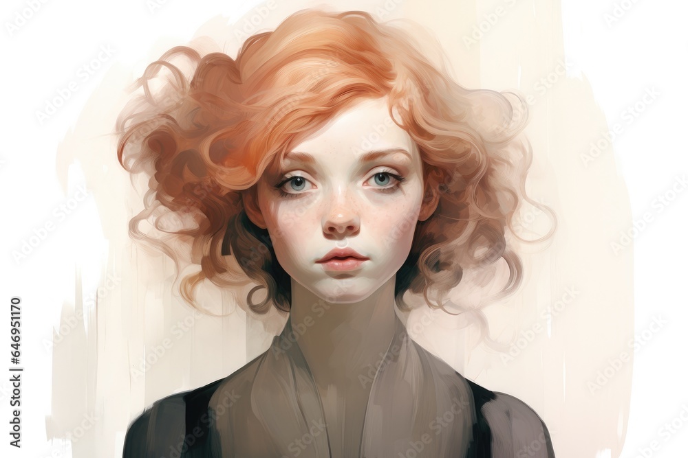 Fototapeta premium Cute girl with ginger beautiful curly hair