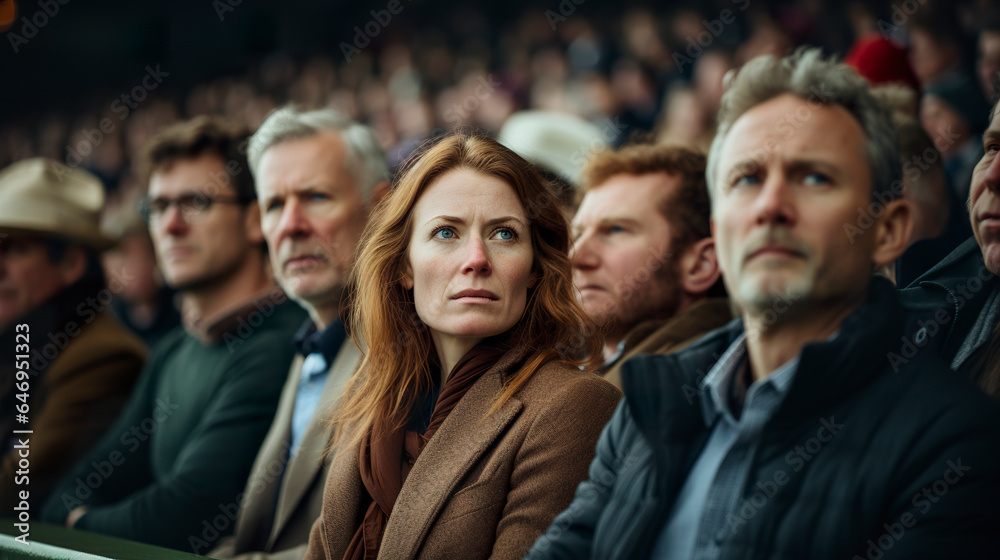 Camera focuses closely on the audience at a horse race. Expressions of anxious people at a horse racing competition. Spectator with adrenaline and excitement at the outcome of the competition.