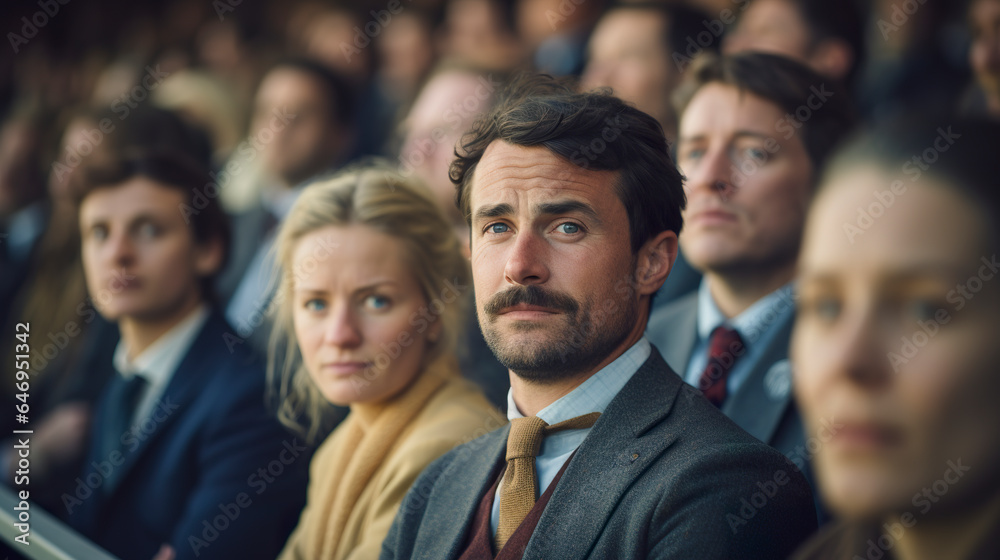 Camera focuses closely on the audience at a horse race. Expressions of anxious people at a horse racing competition. Spectator with adrenaline and excitement at the outcome of the competition. Camera focuses closely on the audience at a horse race. Expressions of anxious people at a horse racing competition. Spectator with adrenaline and excitement at the outcome of the competition.