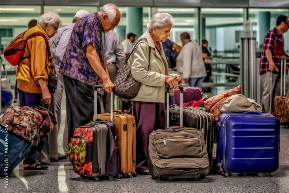 Group of elderly people with suitcases at the airport.