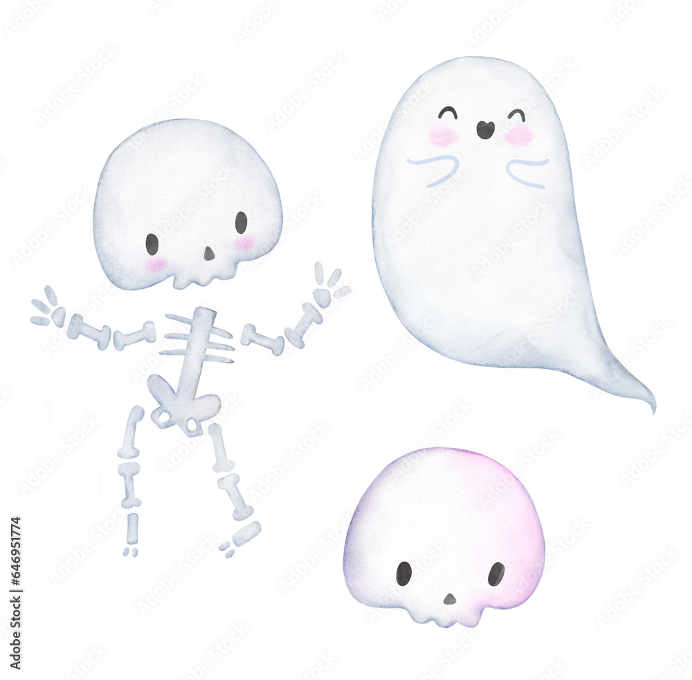 Set of illustrations: Cute dancing little skeleton, funny smiling ghost, cute halloween skull. Watercolor illustrations on a transparent background