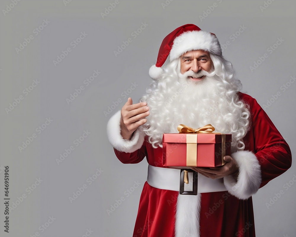 Portrait of Santa Claus with a gift box in his hands on a gray background. Copy space for text.