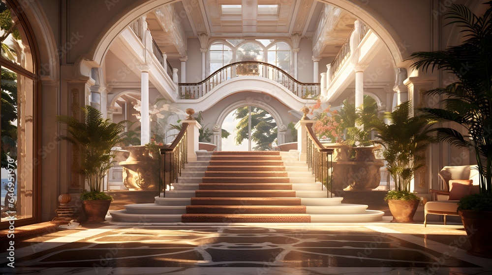 Luxury hotel lobby with stairs and plants, panoramic banner