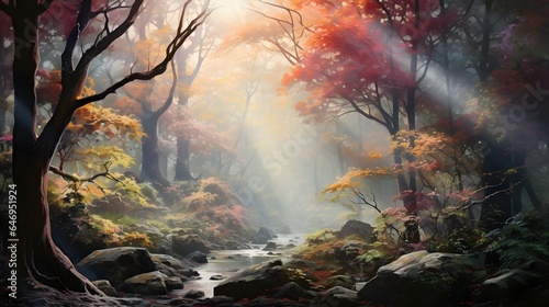 Autumn forest with a river and the sun's rays passing through