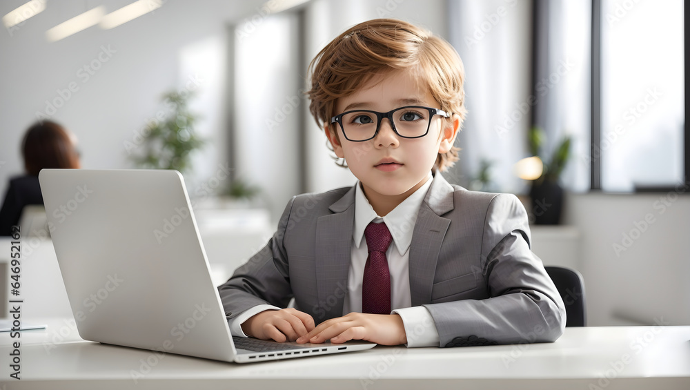 A male young caucasian kid working with a laptop in the office. A male young caucasian kid working with a laptop in the office.