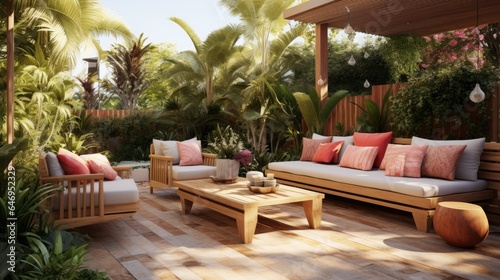 Patio is decorated with large wooden seating and plants. Generative AI
