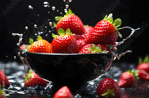 Fresh strawberries in a bowl with water splash on a black background. © Alan