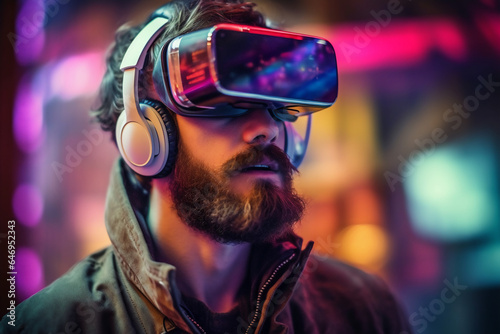 A man wearing a VR headset and trendy smart glasses.