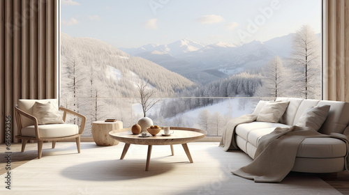Modern Scandinavian minimalist living room design set against a panoramic floor-to-ceiling window showcasing a winter mountain view © Cedric