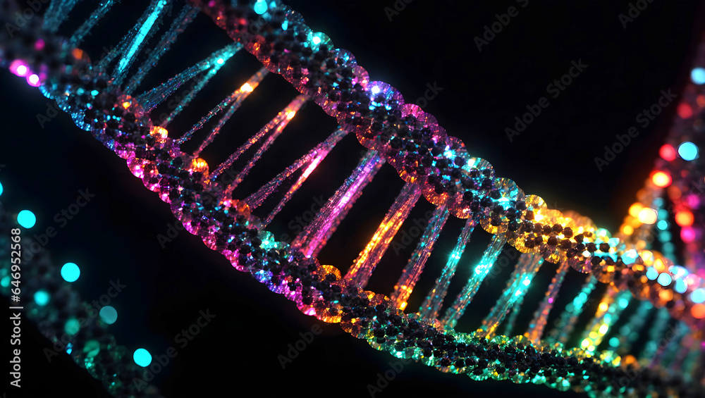 DNA molecule structure with glowing particles on a black background. DNA molecule structure with glowing particles on a black background.