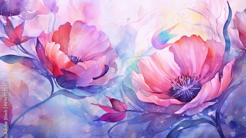 Magic Wallpaper, A bright background. Illustration in watercolor. Design components for textiles, cards, and  abstract image, Web header or banner with springtime flowers, Lovely nature © Samina