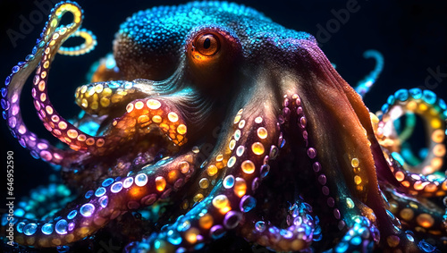 close-up octopus in neon light on a dark background. © Alan
