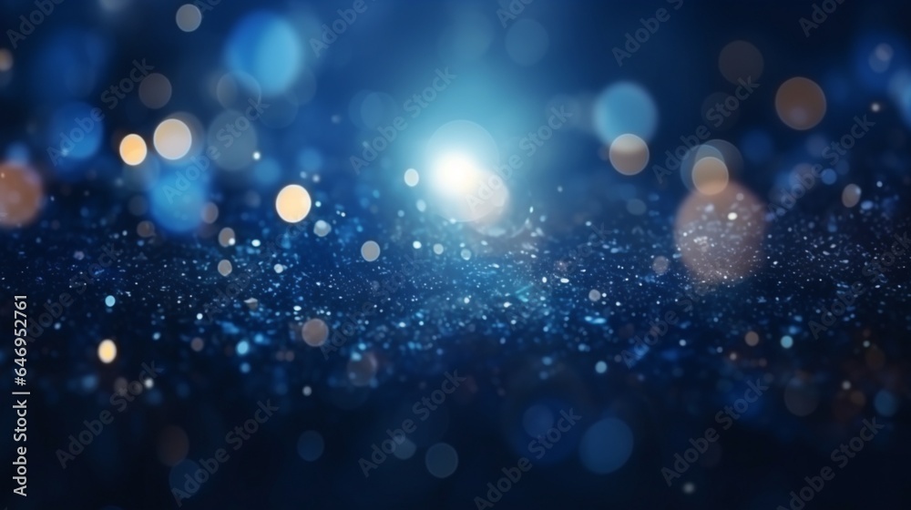 For a design element and banner template concept, an abstract blue background with a double exposure of bokeh circular glitter is used - obrazy, fototapety, plakaty 