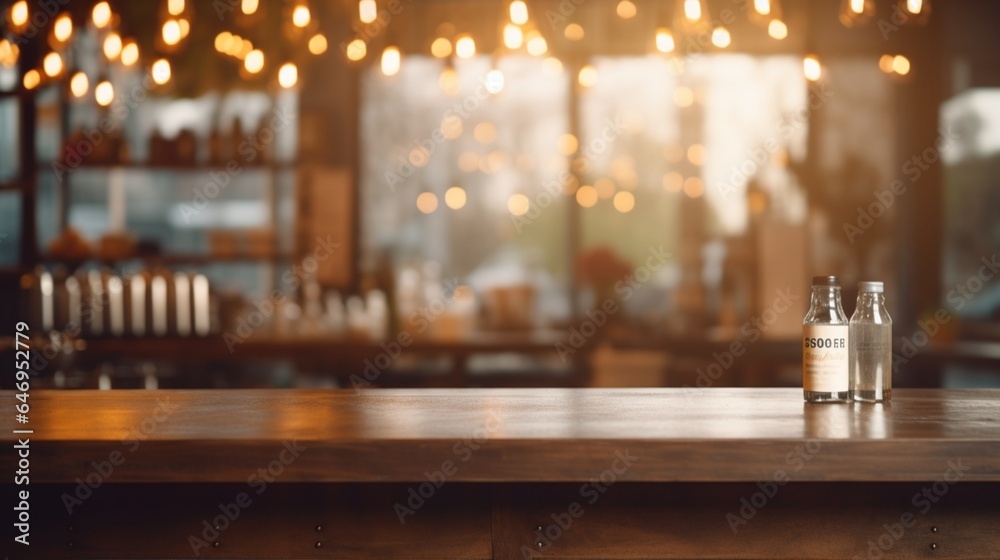 For montage product display or design, blur cafe is a restaurant or coffee shop with a dark wood table and a blurred light gold bokeh background