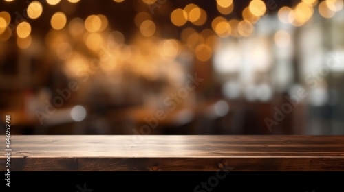 For montage product display or design, blur cafe is a restaurant or coffee shop with a dark wood table and a blurred light gold bokeh background