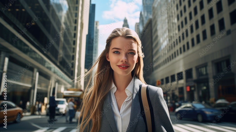 Beautiful business woman crossing street in New York. Generative AI Beautiful business woman crossing street in New York. Generative AI