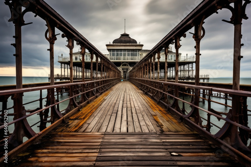 a wooden retro dock bridge pier. steampunk vintage style. noire, noir.