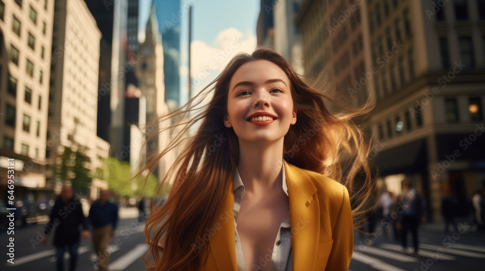 Beautiful business woman crossing street in New York. Generative AI