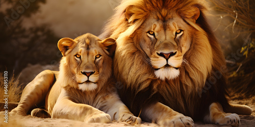 Majestic African lion couple loving pride. animal wildlife  copy space 