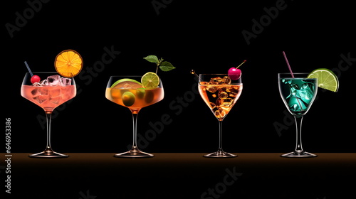 Cocktails collection isolated on black background