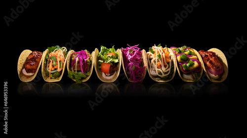 Luxurious set design with tacos, isolated on black background