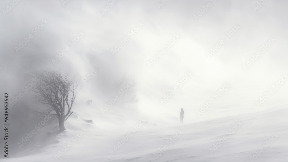Man standing in blizzard. Lots of snow, severe weather and hard conditions. - obrazy, fototapety, plakaty 