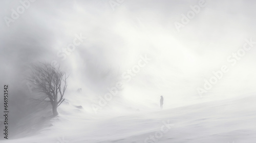 Man standing in blizzard. Lots of snow, severe weather and hard conditions. © ekim