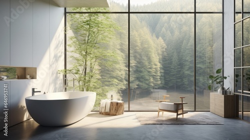 a contemporary bathroom with hazy nature background. White room with ample sunlight through big windows. © Vusal