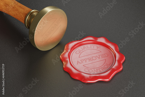 Approved quality control wax seal and a sealing wax wooden stamper. 3d illustration.