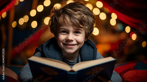 A boy marveled by the stories in a book. Boy in his room reading a children's book in fun atmosphere. Expression of imagination and excitement in a boy's eyes.