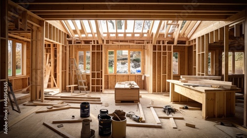 Interior of a British wooden house being built