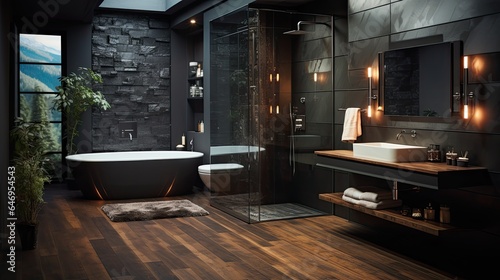 A design bathroom, with a wood floor, black wall, italian shower. © andrenascimento