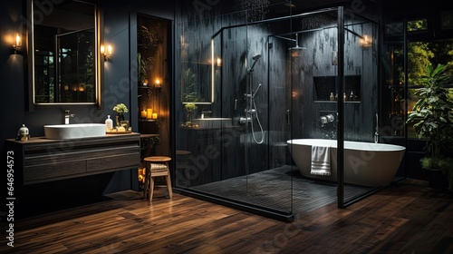 A design bathroom  with a wood floor  black wall  italian shower.