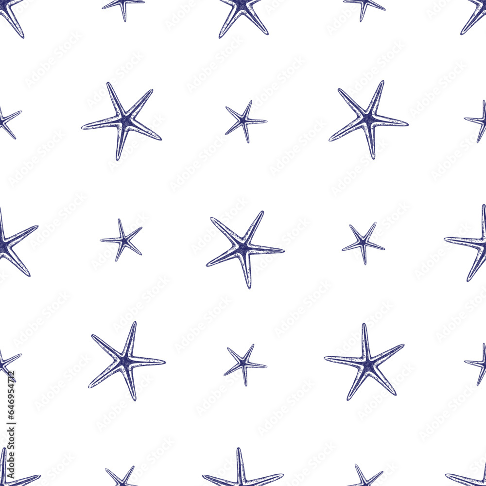 Srarfish seamless Pattern. Hand drawn vector illustration of marine Star Fish ornament on white isolated background. Line art drawing of Sea Shells texture for wrapping paper or textile design.