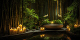 Vertical garden at an upscale spa, bamboo and tropical plants, soothing atmosphere, dimmed ambient lighting with candles