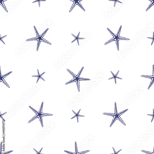 Srarfish seamless Pattern. Hand drawn vector illustration of marine Star Fish ornament on white isolated background. Line art drawing of Sea Shells texture for wrapping paper or textile design.