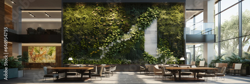 large - scale living wall in a corporate lobby, logo embedded with plants, bright overhead lighting