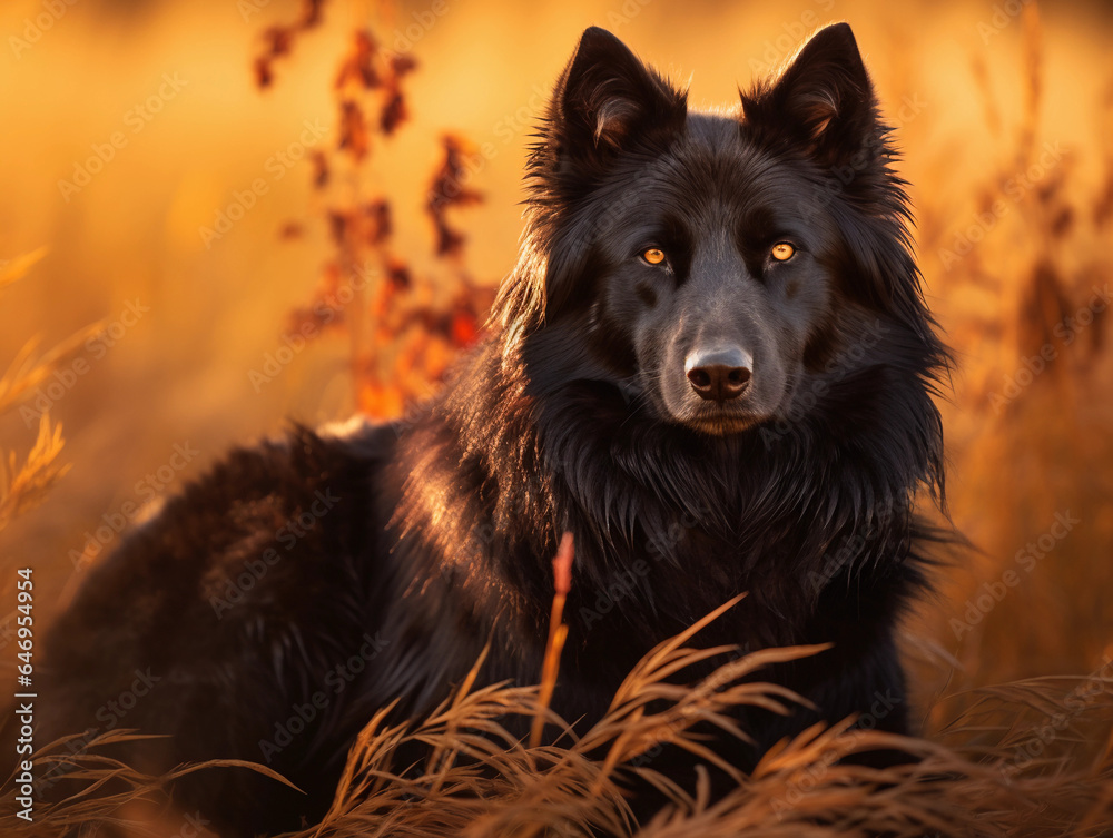 black wolf, long, wavy and voluminous hairstyle, captured in an autumn field, golden hour lighting illuminates each strand of hair black wolf, long, wavy and voluminous hairstyle, captured in an autumn field, golden hour lighting illuminates each strand of hair
